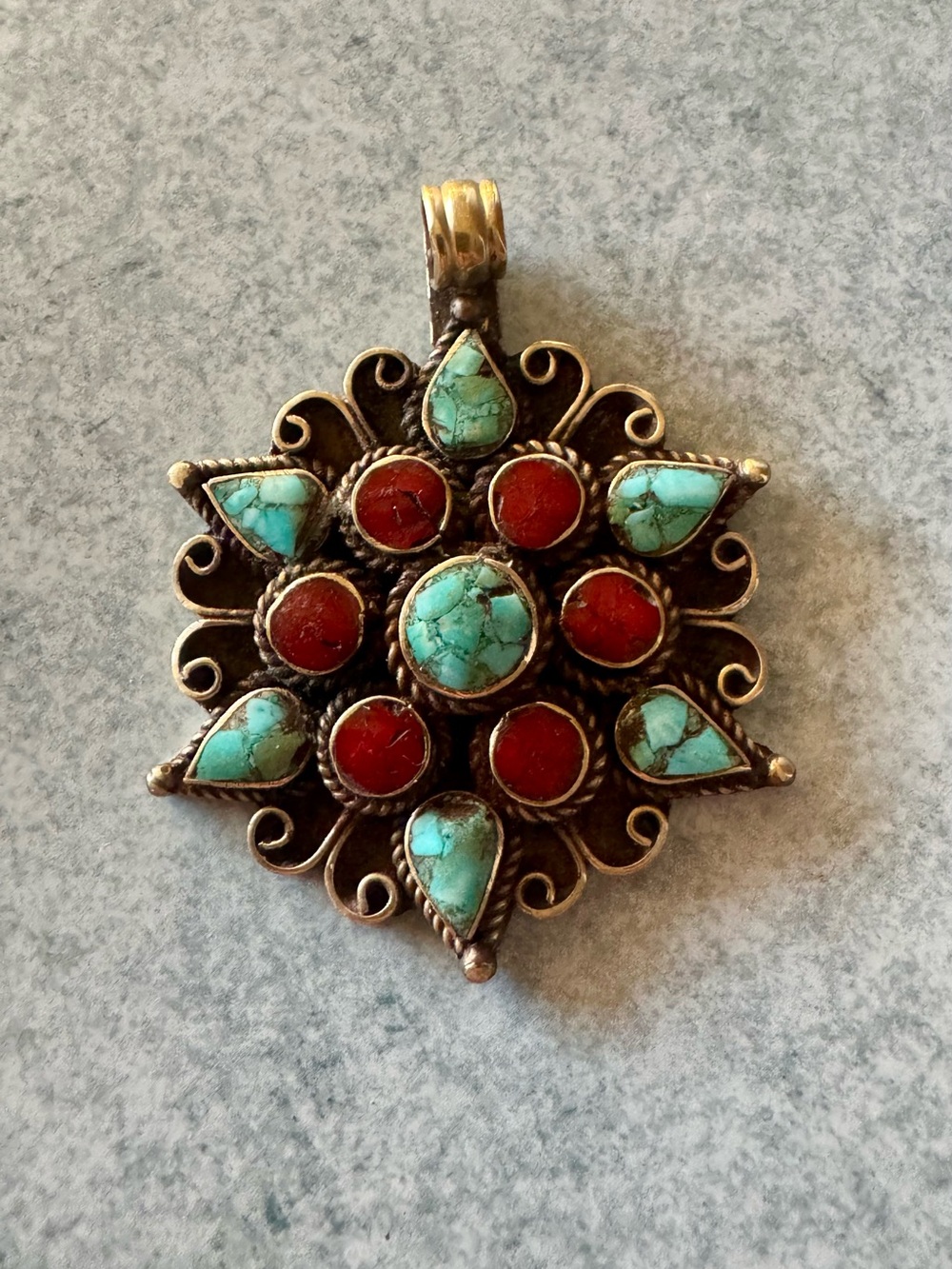 Turquoise & Coral Starburst Pendant Necklace - Women Jewelry Set in 925 Silver